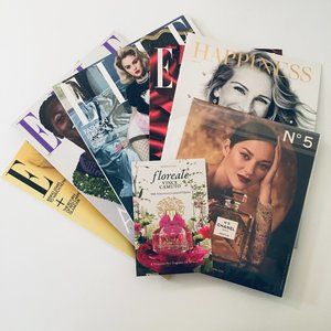 Bundle Lot of 3 Elle Magazines 2021, 2 Pamphlets, & 2 Beauty Fragrance Cards